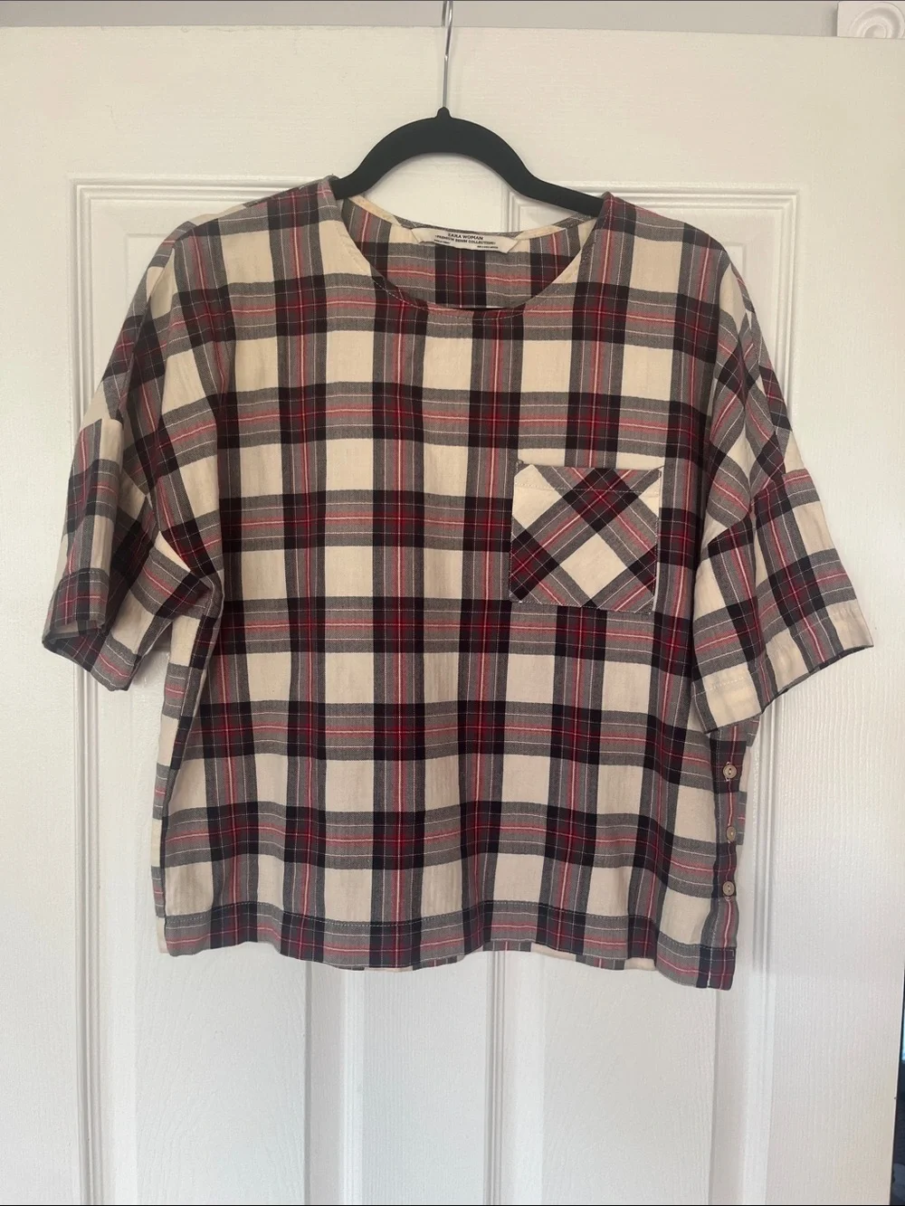 Zara Woman Cream, Red & Navy Plaid Blouse S - Picture 3 of 4